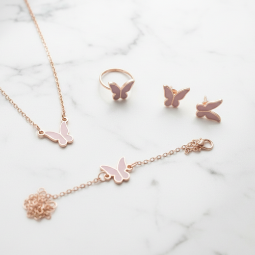 4 Pieces Red Butterfly Bracelet Necklace Ring Earring Jewelry Set